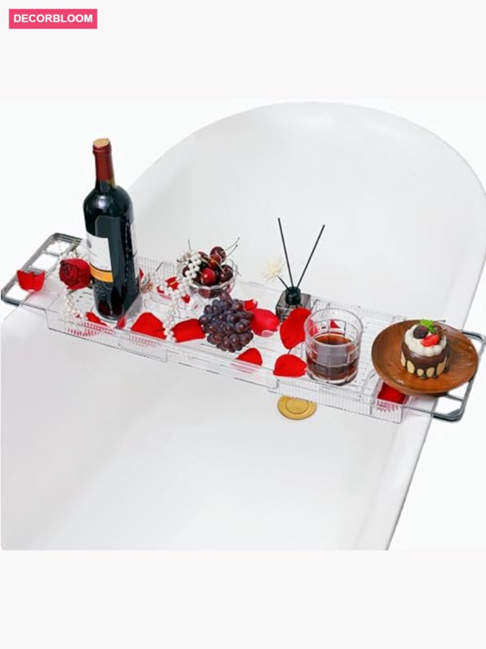 Expandable Bath Tray with Wine and Book Holder - Acrylic Bathtub Caddy Shelf - Picture 3 of 7